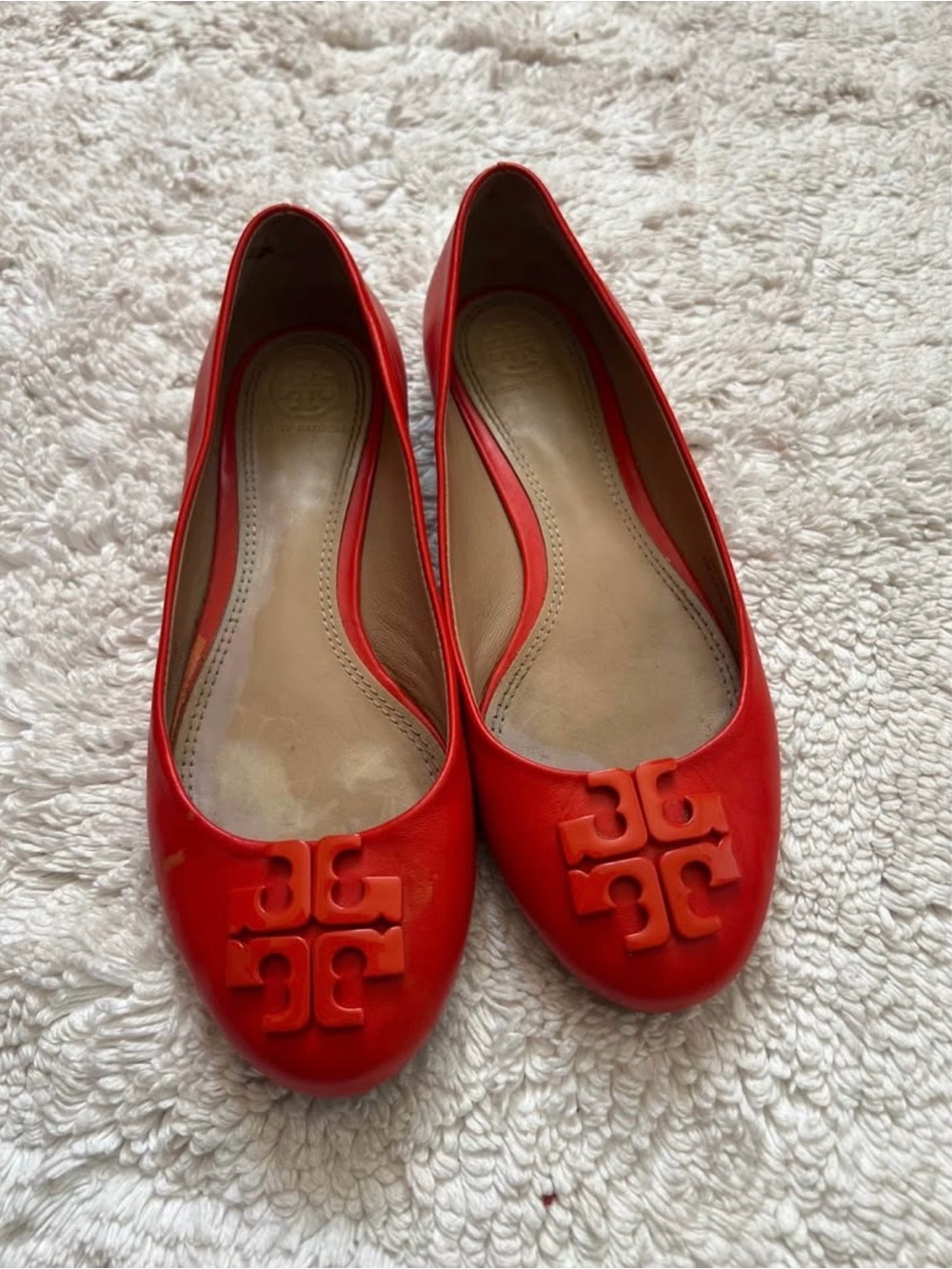 Tory Burch Scarlet Red Logo Leather Ballet Flats